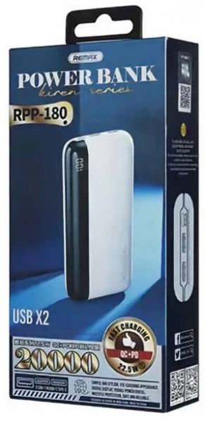    20000 mAh, Remax "Kiren", White, 22.5 , 1xType-C (PD 3.0) / 2xUSB (QC 3.0),  LED  (RPP-180) -  3