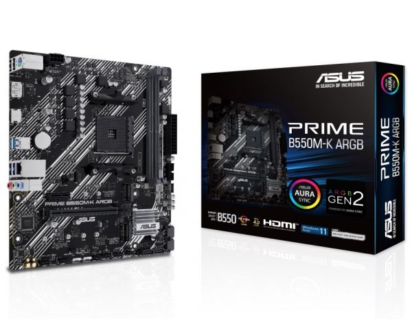 . AM4 (B550) Asus PRIME B550M-K ARGB, B550, 2xDDR4, Int.Video(CPU), 4xSATA3, 2xM.2, 1xPCI-E 4.0 x16, 1xPCI-E 3.0 x1, ALC887, RTL8111H, 6xUSB 3.2/4xUSB 2.0, HDMI/DP, MicroATX -  1