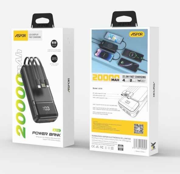    20000 mAh, Aspor A316 Fast Charge, Black, (QC+PD) 22.5W -  7