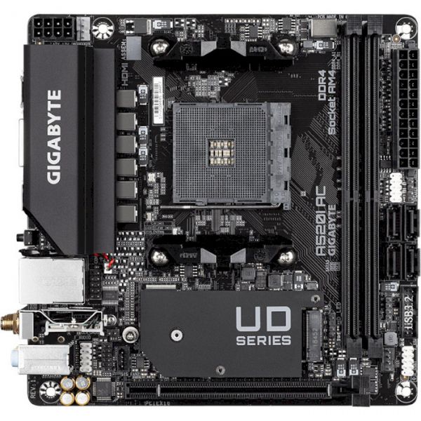 . AM4 (A520) Gigabyte A520I AC, A520, 2xDDR4, Int.Video(CPU), 4xSATA3, 1xM.2, 1xPCI-E 16x 3.0, ALC887, RTL8118AS, WiFi ac, Bluetooth 4.2, 6xUSB3.2/6xUSB2.0, 2xHDMI/DP, Mini-ITX -  2