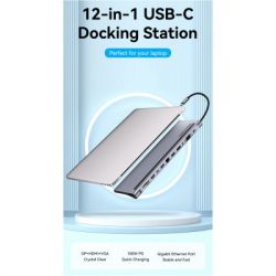  Vention USB3.1 Type-C to DP/HDMI/VGA/USB-C/USB3.0x3/RJ45/SD/TF/TRRS 3.5mm/PD 100W 12in1 (THSHC) -  2