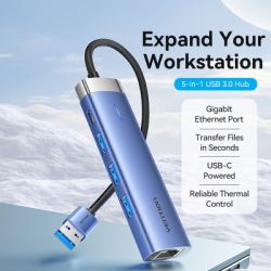  Vention USB 3.0 to USB 3.0x3/RJ45/Type-C Hub Blue Aluminum Alloy 5-in-1 (TGFSB) -  2