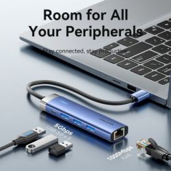  Vention USB 3.0 to USB 3.0x3/RJ45/Type-C Hub Blue Aluminum Alloy 5-in-1 (TGFSB) -  4