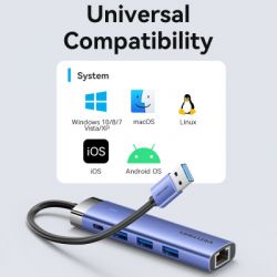  Vention USB 3.0 to USB 3.0x3/RJ45/Type-C Hub Blue Aluminum Alloy 5-in-1 (TGFSB) -  8