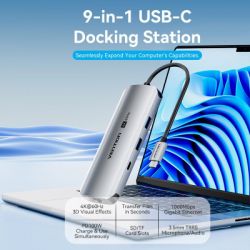  Vention USB 3.1 Type-C to HDMI 4K60Hz/USB 3.0x2/RJ45/SD/TF/3.5mm/PD 100W Hub 9-in-1 (TQMHB) -  2