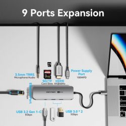  Vention USB 3.1 Type-C to HDMI 4K60Hz/USB 3.0x2/RJ45/SD/TF/3.5mm/PD 100W Hub 9-in-1 (TQMHB) -  3