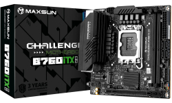 . LGA1700, Maxsun Terminator B760ITX D5, B760, 2xDDR5, Int.Video(CPU), 4xSATA3, 1xPCI-E 16x 5.0, 2xM.2 4.0, Dual LAN 2.5G+1G, ALC897, 4xUSB3.2/4xUSB2.0, 2xDP/2xHDMI, Mini-ITX (MS-Challenger B760ITX D5)