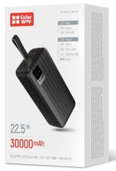    30000 mAh, ColorWay, Black, 22.5 , 1xType-C (PD3.0) / 1xUSB (QC4.0), .  Type-C / Lightning,  LED  (CW-PB300LPC5BK-PDD) -  6