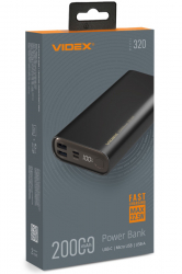    20000 mAh, Videx VPB-320, Black, 22.5 , 1xType-C (PD3.0) / 2xUSB (QC3.0),  LED  (VPB-320-B)