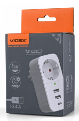    Videx "Omcord", White, 1x220V (16A), 2xUSB (5V, 2.4A), 1xType-C (5V, 2.4A), IP20 (VF-AD1G2U1C-W)