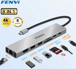 - Fenvi 8--1 F-C801H, Grey, Type-C: 1xHDMI 4K 30Hz, 1xUSB 3.0 5Gbps, 1xUSB 2.0 480Mbps, 2xCardReader: SD 25Mb/s, TF 25Mb/s, RG45 100M, Type-C 480Mbps, Type-C PD PD3.0/100W,   -  2