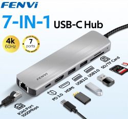 - Fenvi 7--1 F-C7205H, Grey, Type-C: 1xHDMI 4K 60Hz, 2xUSB 3.0 5Gbps, 2xCardReader: SD 25Mb/s, TF 25Mb/s, RG45 1000M, Type-C PD PD3.0/100W,    -  2